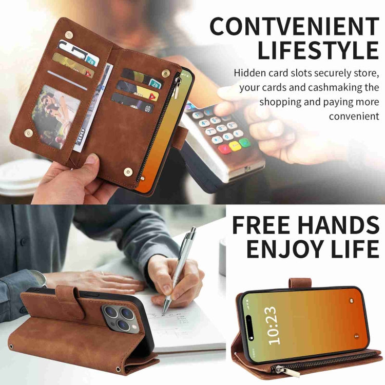For iPhone 15 Pro Crossbody Multi-card Slot Wallet Zipper Leather Phone Case(Brown) - HoMEdemic™ 