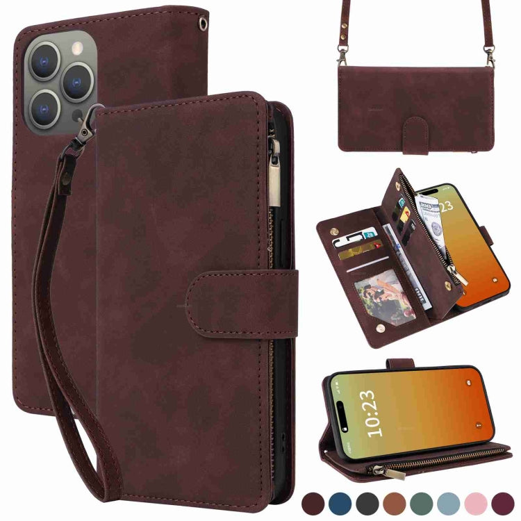 For iPhone 15 Pro Crossbody Multi-card Slot Wallet Zipper Leather Phone Case(Coffee) - HoMEdemic™ 