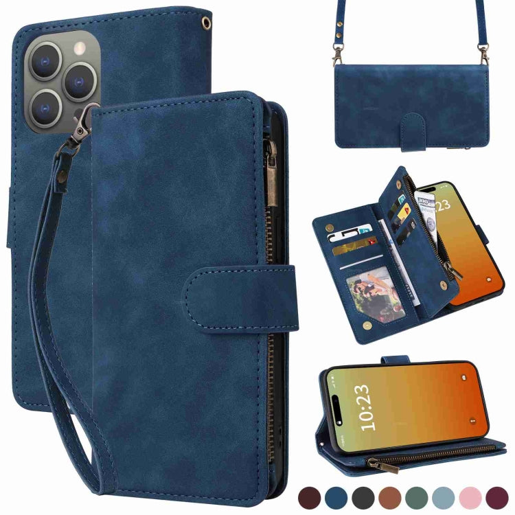 For iPhone 15 Pro Crossbody Multi-card Slot Wallet Zipper Leather Phone Case(Dark Blue) - HoMEdemic™ 