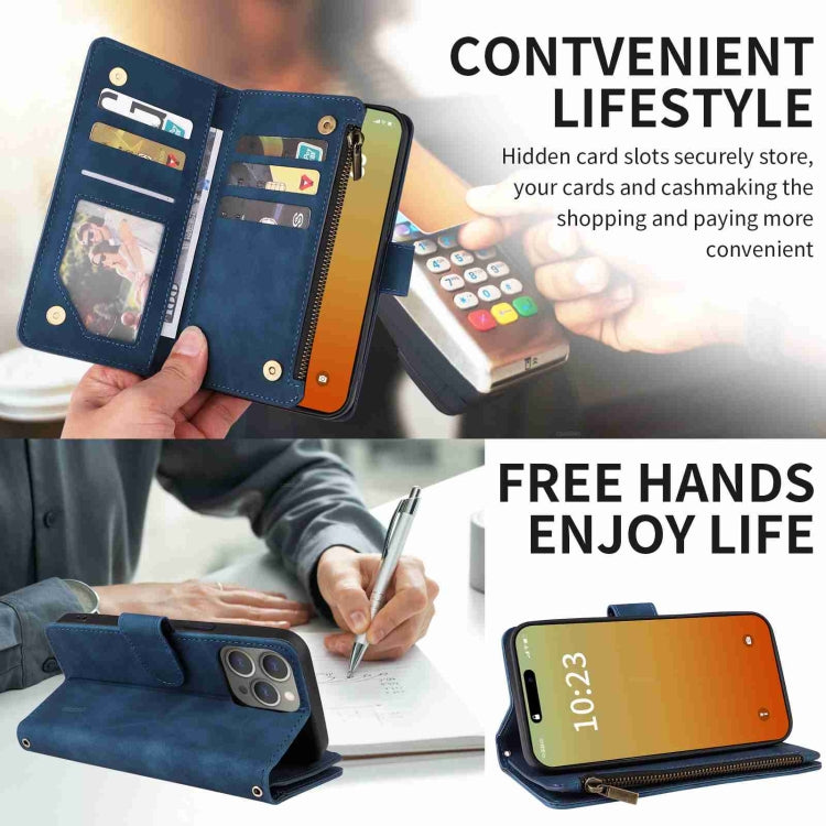 For iPhone 15 Pro Crossbody Multi-card Slot Wallet Zipper Leather Phone Case(Dark Blue) - HoMEdemic™ 