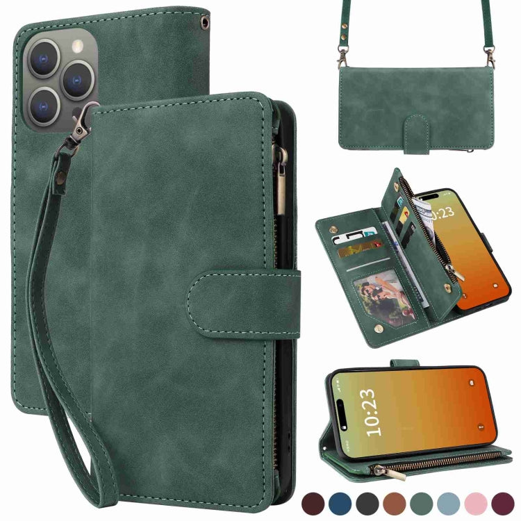 For iPhone 15 Pro Crossbody Multi-card Slot Wallet Zipper Leather Phone Case(Green) - HoMEdemic™ 