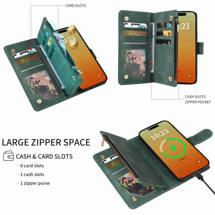 For iPhone 15 Pro Crossbody Multi-card Slot Wallet Zipper Leather Phone Case(Green) - HoMEdemic™ 