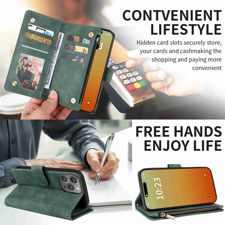 For iPhone 15 Pro Crossbody Multi-card Slot Wallet Zipper Leather Phone Case(Green) - HoMEdemic™ 