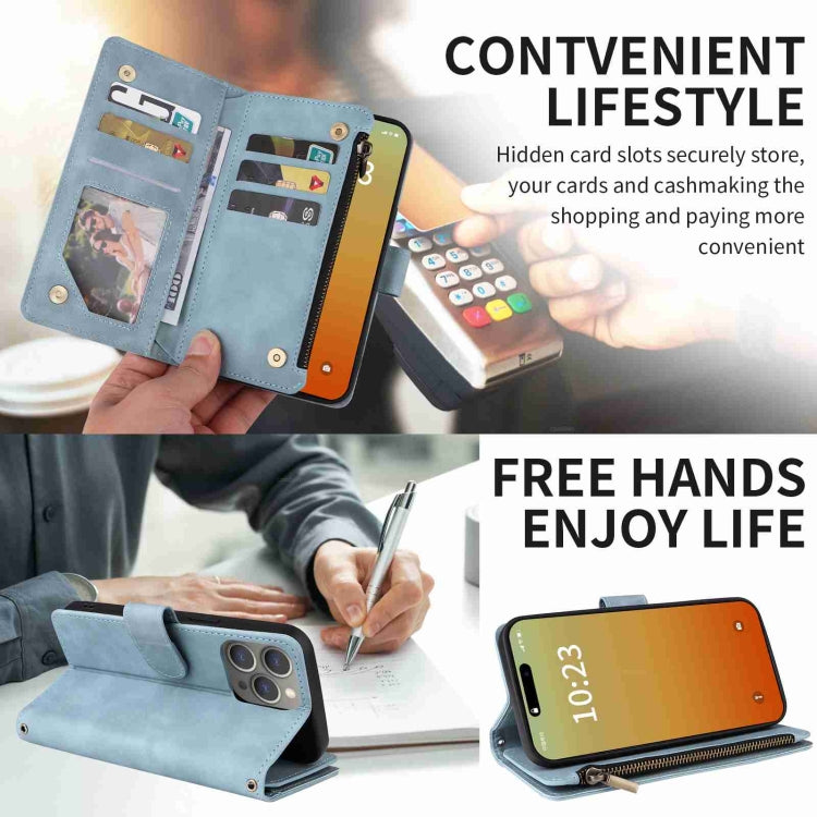 For iPhone 15 Pro Crossbody Multi-card Slot Wallet Zipper Leather Phone Case(Light Blue) - HoMEdemic™ 
