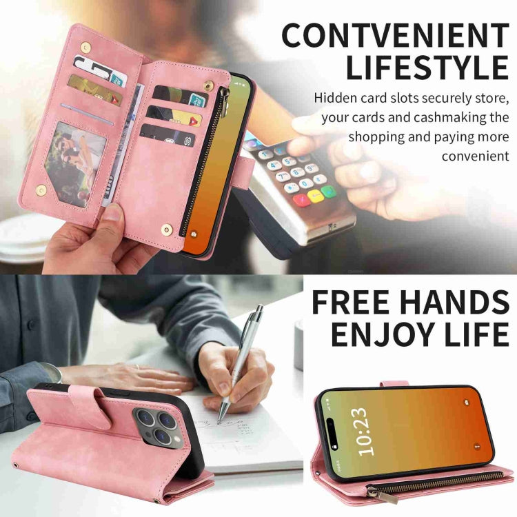 For iPhone 15 Pro Crossbody Multi-card Slot Wallet Zipper Leather Phone Case(Pink) - HoMEdemic™ 