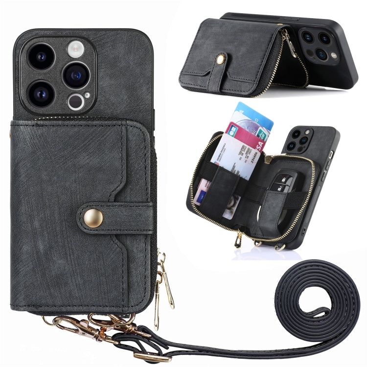 For iPhone 15 Pro Crossbody Multi-function Zipper Wallet Phone Case(Black) - HoMEdemic™ 