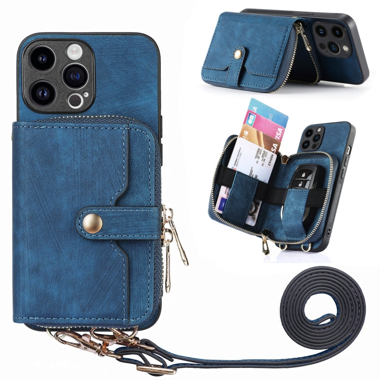 For iPhone 15 Pro Crossbody Multi-function Zipper Wallet Phone Case(Blue) - HoMEdemic™ 