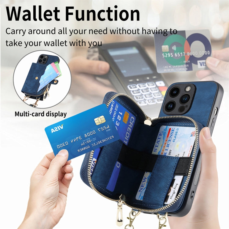 For iPhone 15 Pro Crossbody Multi-function Zipper Wallet Phone Case(Blue) - HoMEdemic™ 