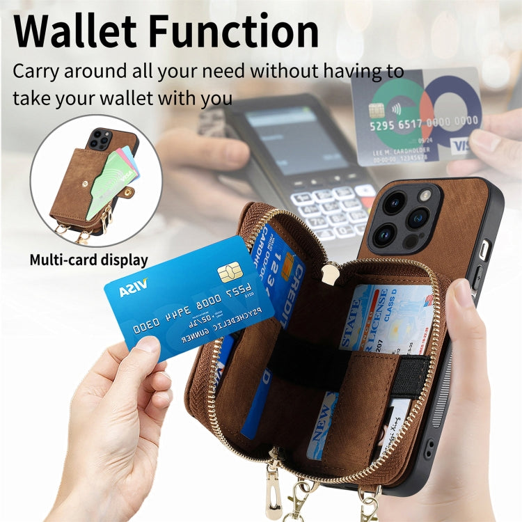 For iPhone 15 Pro Crossbody Multi-function Zipper Wallet Phone Case(Brown) - HoMEdemic™ 