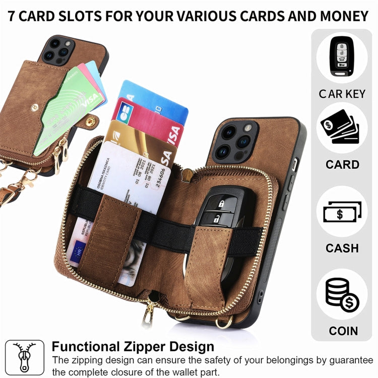 For iPhone 15 Pro Crossbody Multi-function Zipper Wallet Phone Case(Brown) - HoMEdemic™ 