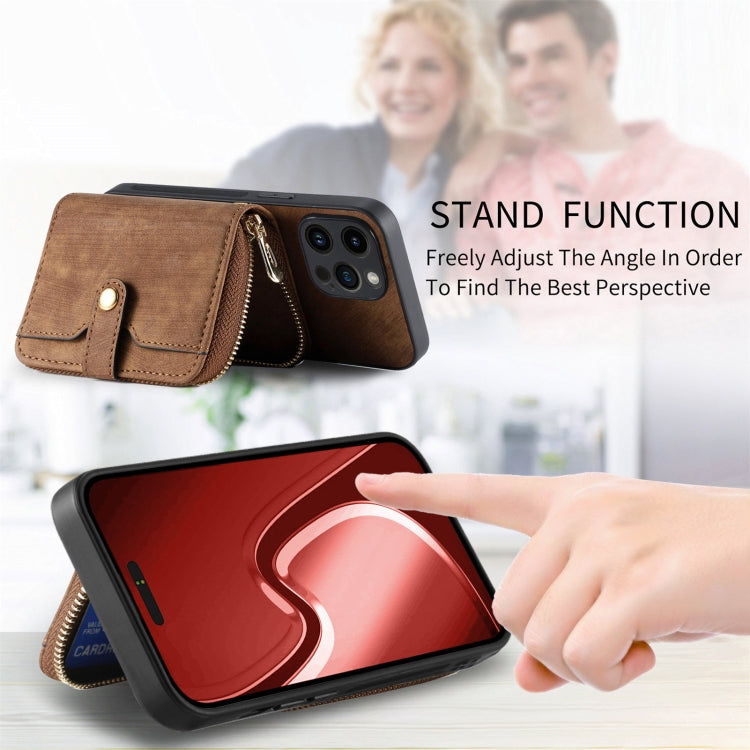 For iPhone 15 Pro Crossbody Multi-function Zipper Wallet Phone Case(Brown) - HoMEdemic™ 