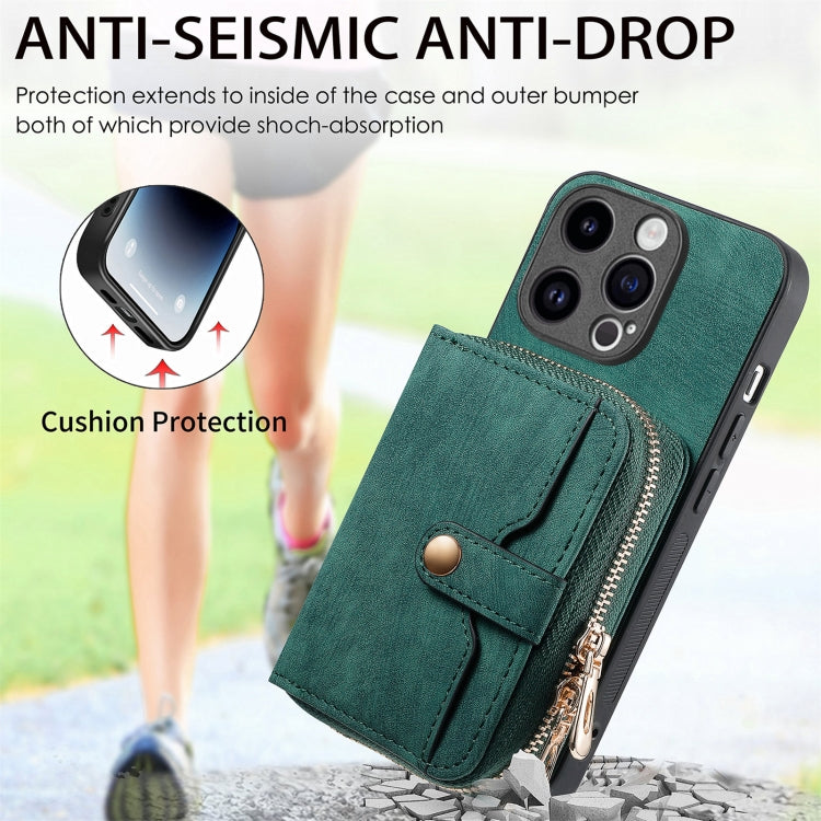 For iPhone 15 Pro Crossbody Multi-function Zipper Wallet Phone Case(Green) - HoMEdemic™ 