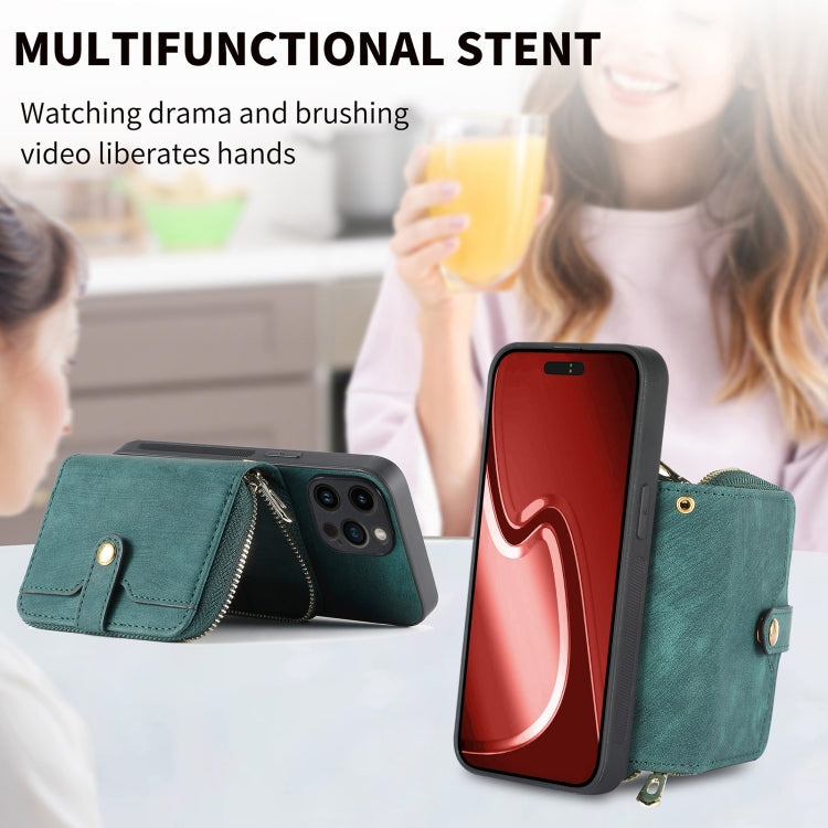For iPhone 15 Pro Crossbody Multi-function Zipper Wallet Phone Case(Green) - HoMEdemic™ 