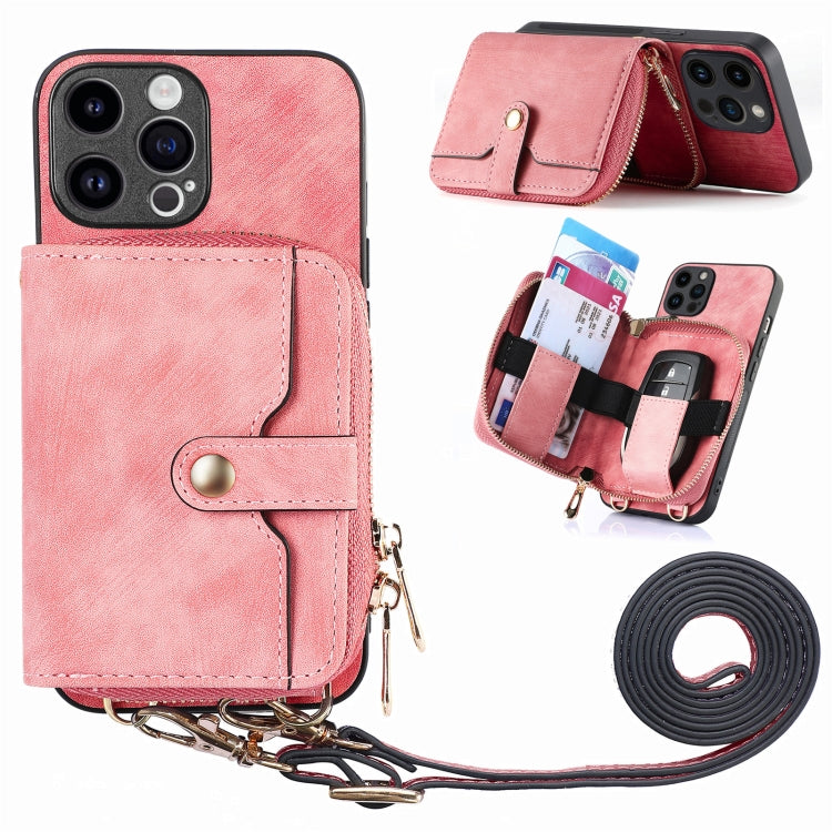 For iPhone 15 Pro Crossbody Multi-function Zipper Wallet Phone Case(Pink) - HoMEdemic™ 