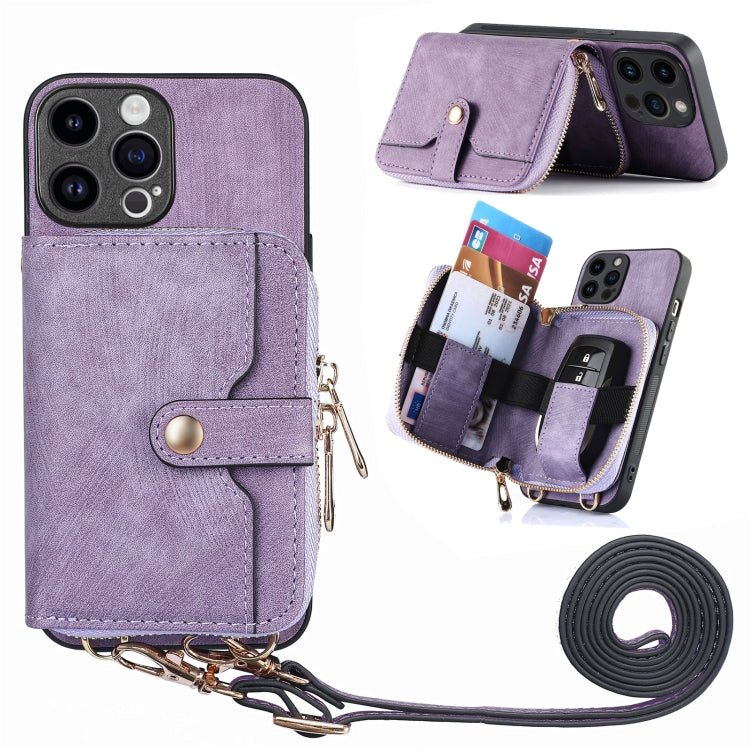 For iPhone 15 Pro Crossbody Multi-function Zipper Wallet Phone Case(Purple) - HoMEdemic™ 