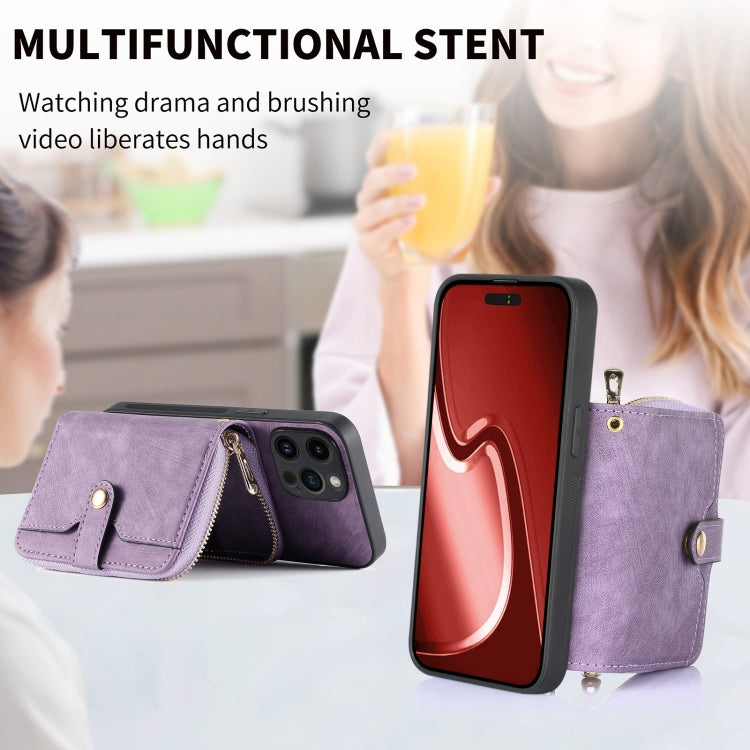 For iPhone 15 Pro Crossbody Multi-function Zipper Wallet Phone Case(Purple) - HoMEdemic™ 