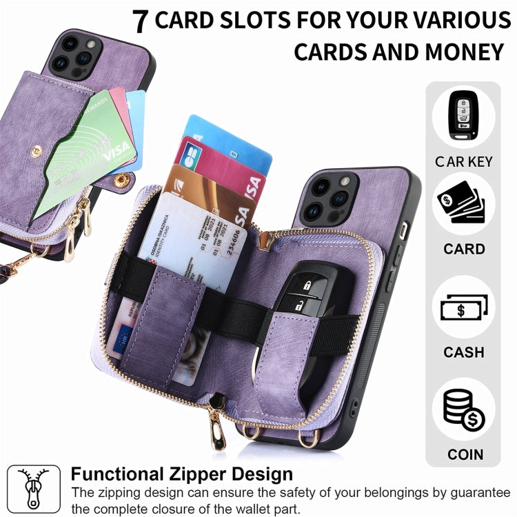 For iPhone 15 Pro Crossbody Multi-function Zipper Wallet Phone Case(Purple) - HoMEdemic™ 