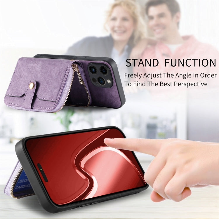 For iPhone 15 Pro Crossbody Multi-function Zipper Wallet Phone Case(Purple) - HoMEdemic™ 
