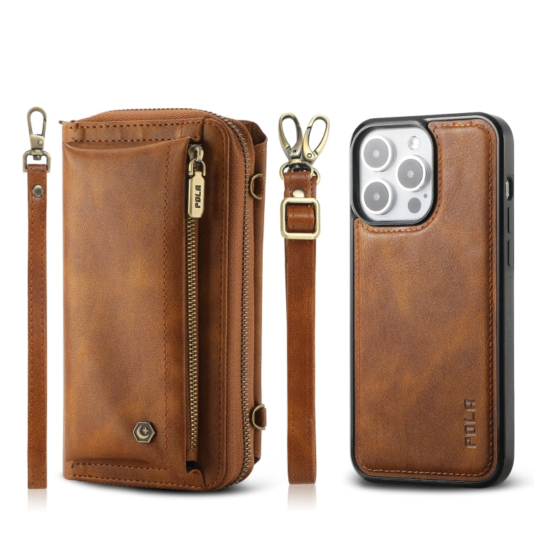 For iPhone 15 Pro Crossbody Multi-functional Zipper Wallet Leather Phone Case(Brown) - HoMEdemic™ 