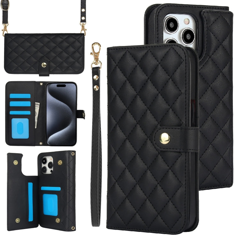 For iPhone 15 Pro Crossbody Multifunction Rhombic Leather Phone Case(Black) - HoMEdemic™ 