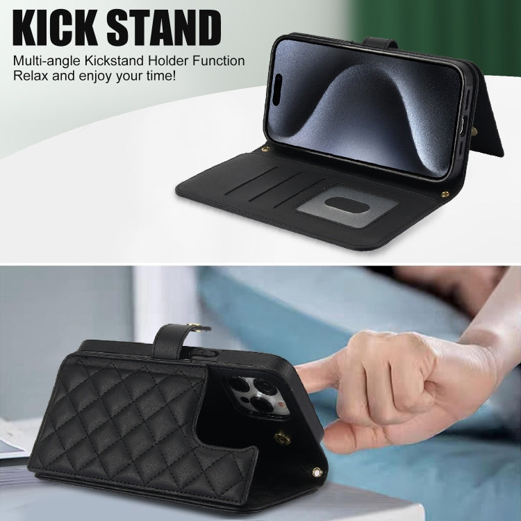 For iPhone 15 Pro Crossbody Multifunction Rhombic Leather Phone Case(Black) - HoMEdemic™ 