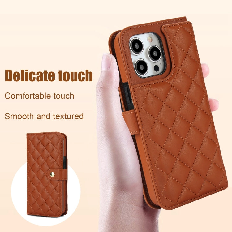 For iPhone 15 Pro Crossbody Multifunction Rhombic Leather Phone Case(Brown) - HoMEdemic™ 