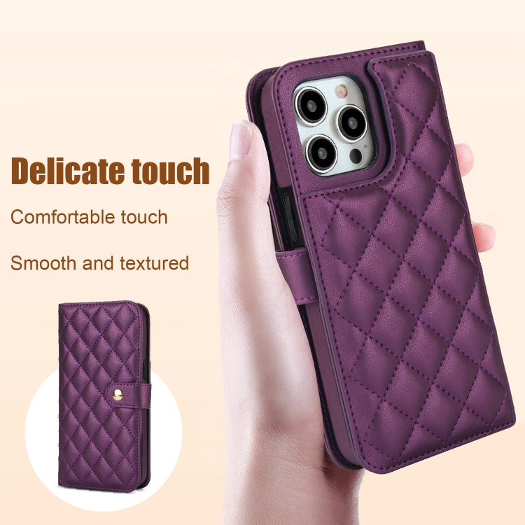 For iPhone 15 Pro Crossbody Multifunction Rhombic Leather Phone Case(Dark Purple) - HoMEdemic™ 