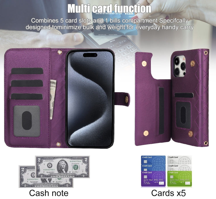 For iPhone 15 Pro Crossbody Multifunction Rhombic Leather Phone Case(Dark Purple) - HoMEdemic™ 