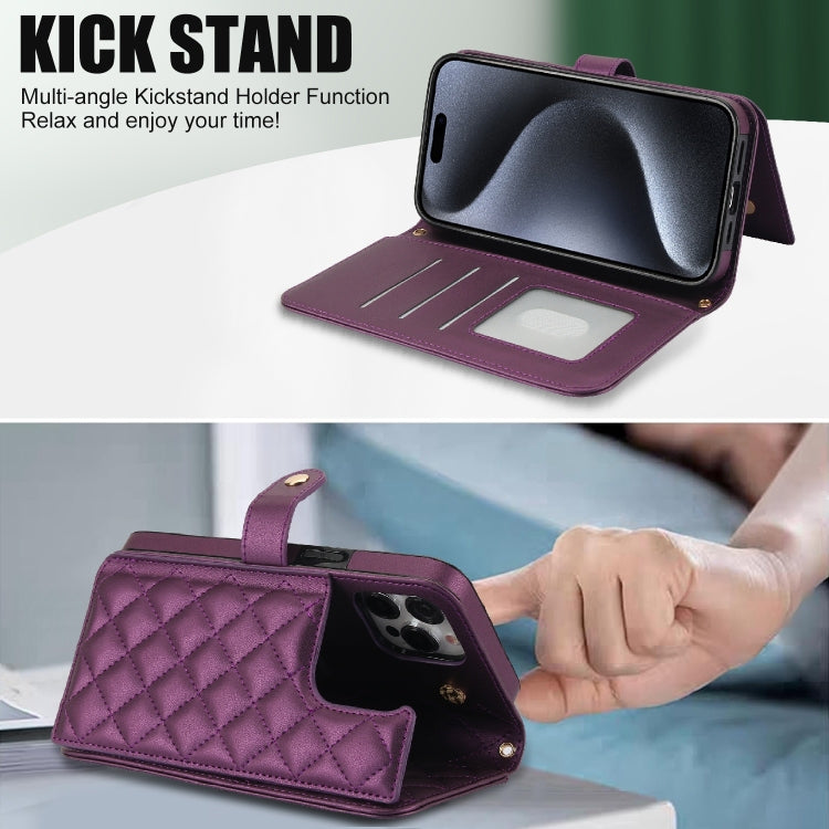 For iPhone 15 Pro Crossbody Multifunction Rhombic Leather Phone Case(Dark Purple) - HoMEdemic™ 