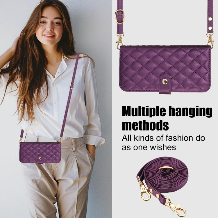 For iPhone 15 Pro Crossbody Multifunction Rhombic Leather Phone Case(Dark Purple) - HoMEdemic™ 