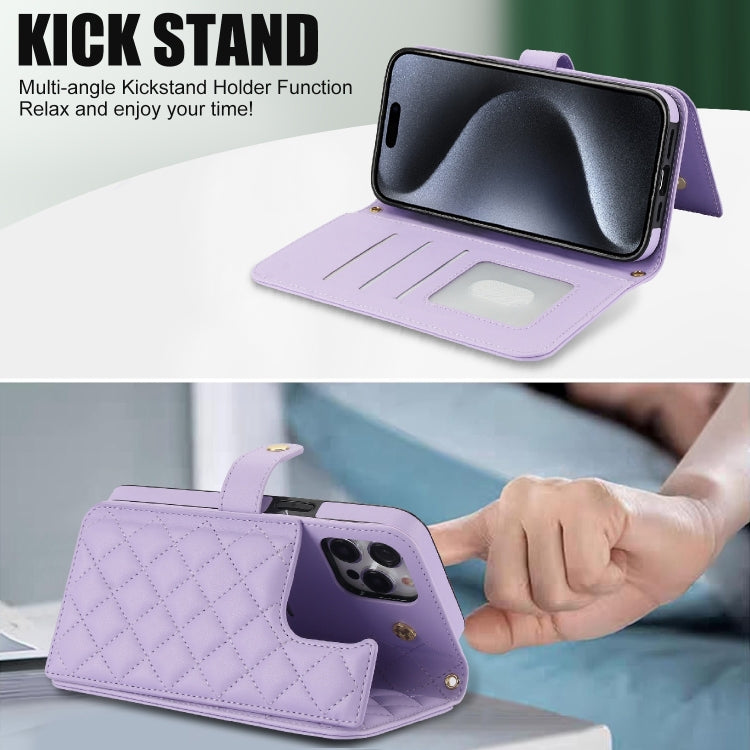 For iPhone 15 Pro Crossbody Multifunction Rhombic Leather Phone Case(Purple) - HoMEdemic™ 