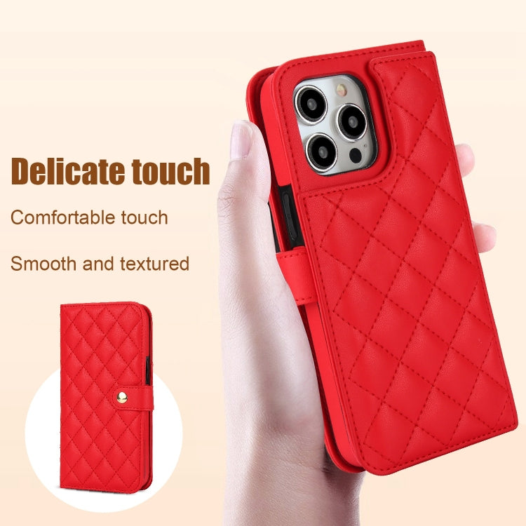 For iPhone 15 Pro Crossbody Multifunction Rhombic Leather Phone Case(Red) - HoMEdemic™ 
