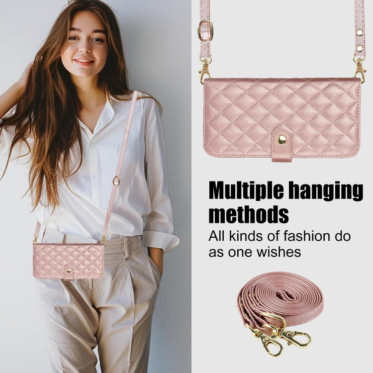 For iPhone 15 Pro Crossbody Multifunction Rhombic Leather Phone Case(Rose Gold) - HoMEdemic™ 