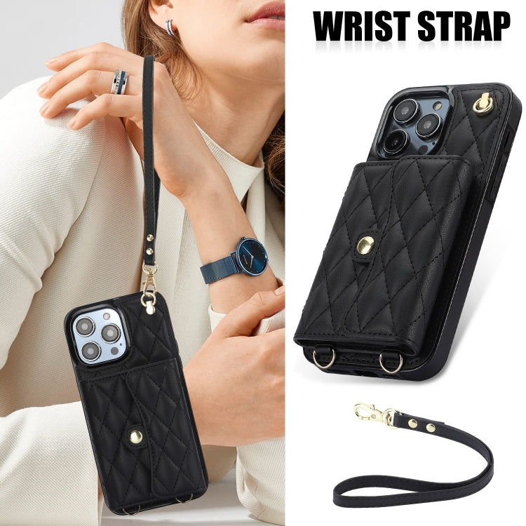 For iPhone 15 Pro Crossbody Rhombic Horizontal Wallet Leather Phone Case(Black) - HoMEdemic™ 