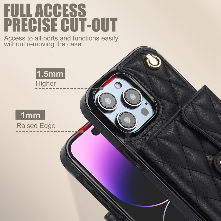 For iPhone 15 Pro Crossbody Rhombic Horizontal Wallet Leather Phone Case(Black) - HoMEdemic™ 