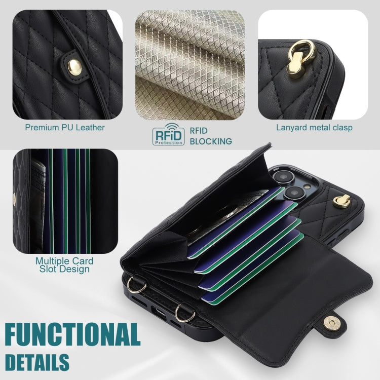 For iPhone 15 Pro Crossbody Rhombic Horizontal Wallet Leather Phone Case(Black) - HoMEdemic™ 