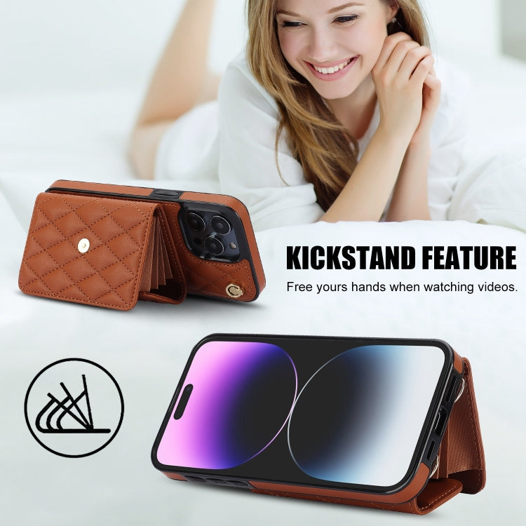 For iPhone 15 Pro Crossbody Rhombic Horizontal Wallet Leather Phone Case(Brown) - HoMEdemic™ 