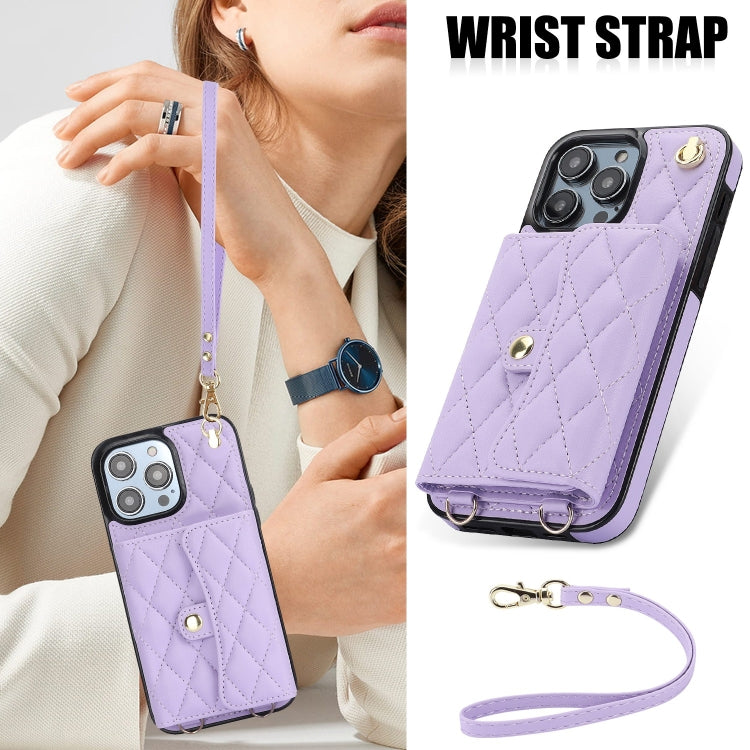 For iPhone 15 Pro Crossbody Rhombic Horizontal Wallet Leather Phone Case(Purple) - HoMEdemic™ 