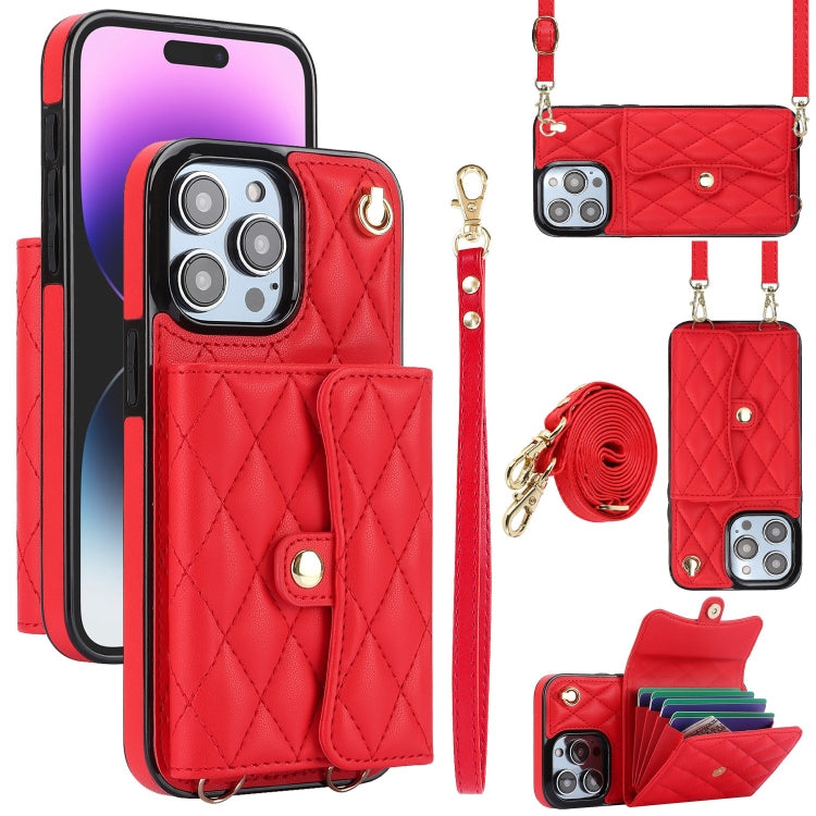 For iPhone 15 Pro Crossbody Rhombic Horizontal Wallet Leather Phone Case(Red) - HoMEdemic™ 