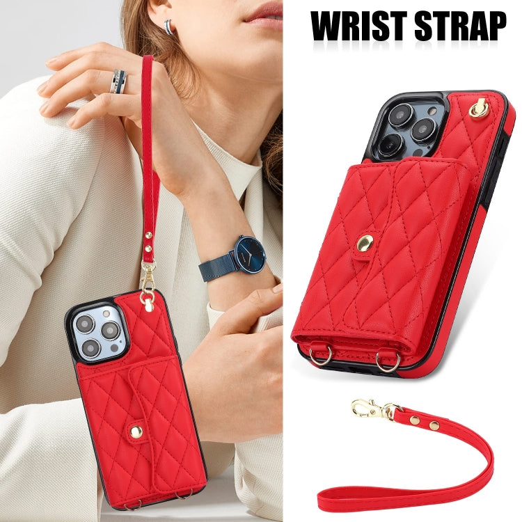 For iPhone 15 Pro Crossbody Rhombic Horizontal Wallet Leather Phone Case(Red) - HoMEdemic™ 