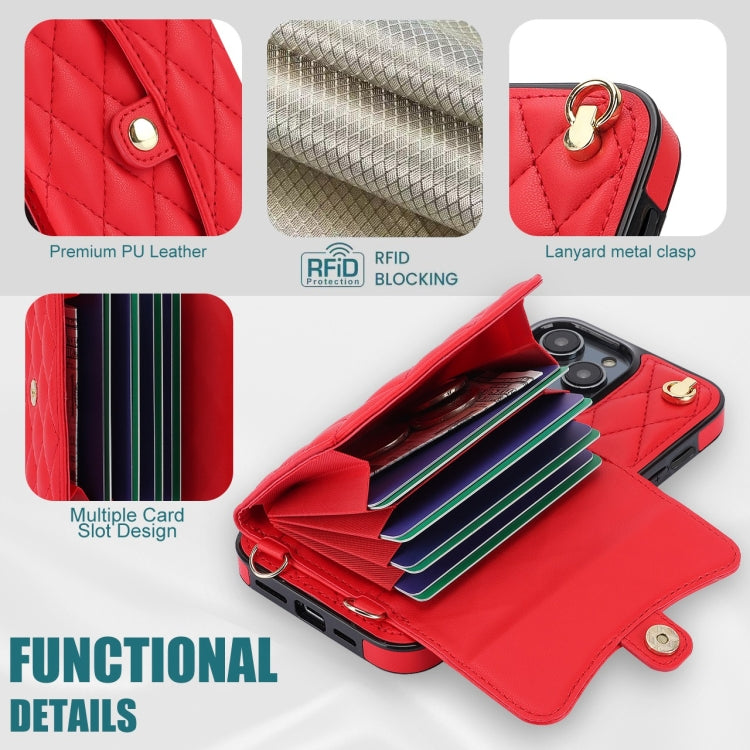 For iPhone 15 Pro Crossbody Rhombic Horizontal Wallet Leather Phone Case(Red) - HoMEdemic™ 