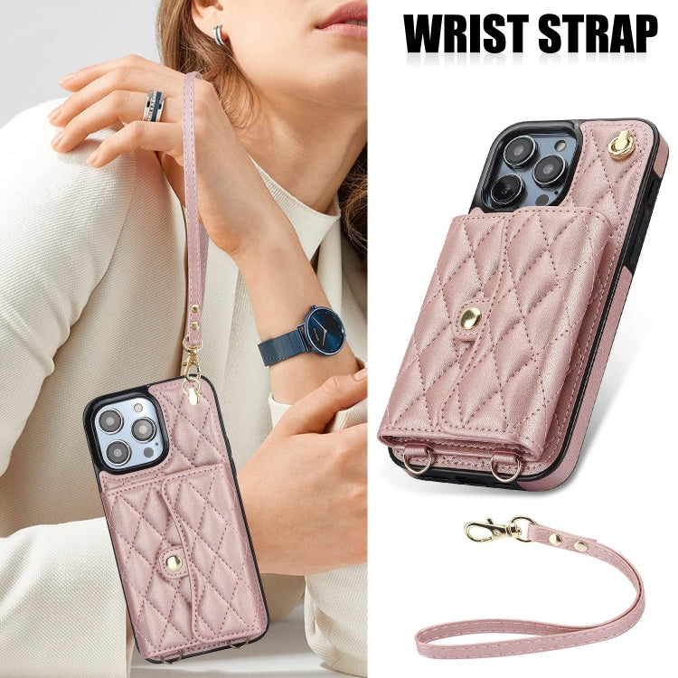 For iPhone 15 Pro Crossbody Rhombic Horizontal Wallet Leather Phone Case(Rose Gold) - HoMEdemic™ 