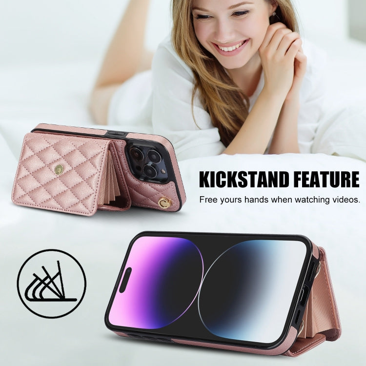 For iPhone 15 Pro Crossbody Rhombic Horizontal Wallet Leather Phone Case(Rose Gold) - HoMEdemic™ 