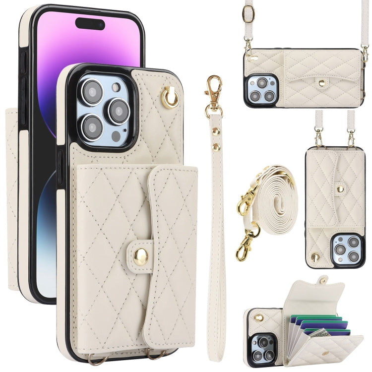 For iPhone 15 Pro Crossbody Rhombic Horizontal Wallet Leather Phone Case(White) - HoMEdemic™ 