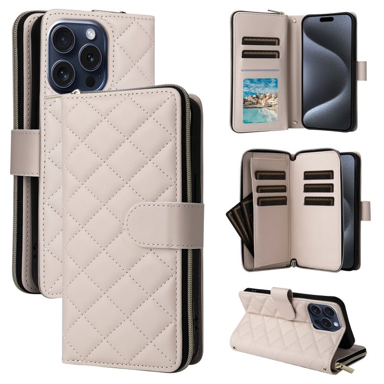 For iPhone 15 Pro Crossbody Rhombic Zipper Tower Buckle Leather Phone Case with Lanyard(Beige) - HoMEdemic™ 