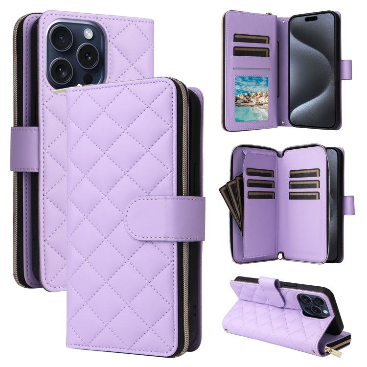 For iPhone 15 Pro Crossbody Rhombic Zipper Tower Buckle Leather Phone Case with Lanyard(Purple) - HoMEdemic™ 