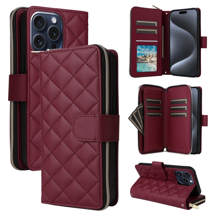 For iPhone 15 Pro Crossbody Rhombic Zipper Tower Buckle Leather Phone Case with Lanyard(Wine Red) - HoMEdemic™ 