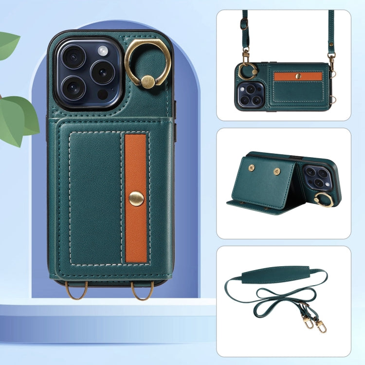 For iPhone 15 Pro Crossbodys Card Bag Ring Holder Leather Phone Case(Green) - HoMEdemic™ 