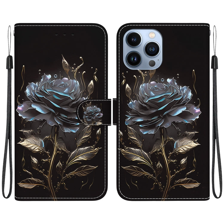 For iPhone 15 Pro Crystal Texture Colored Drawing Leather Phone Case(Black Rose) - HoMEdemic™ 