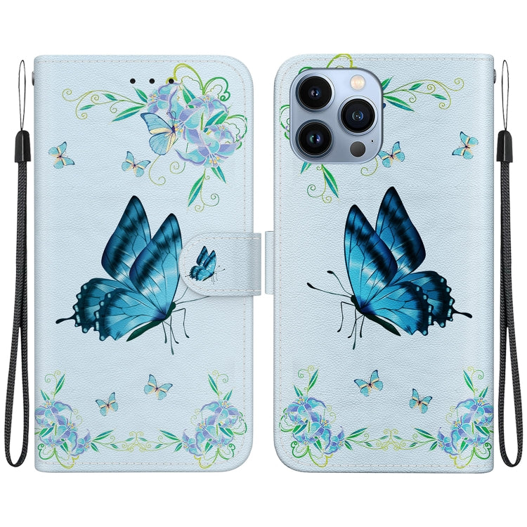 For iPhone 15 Pro Crystal Texture Colored Drawing Leather Phone Case(Blue Pansies) - HoMEdemic™ 